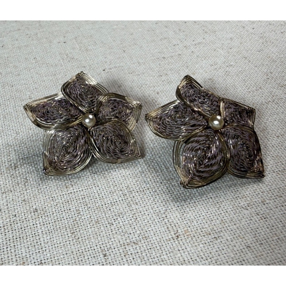 Vintage Germany Wire Wrapped Flower Clip On Earrings Faux Pearl Gold Lavender